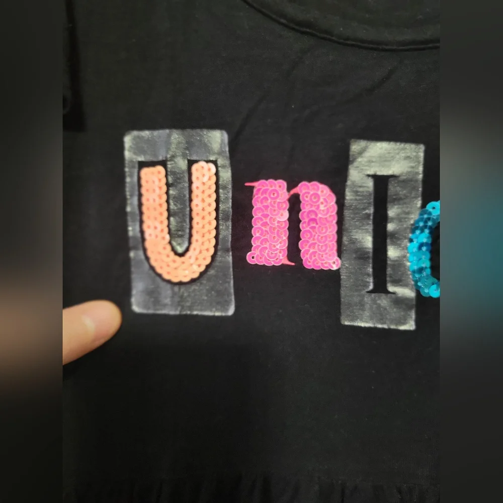 Justice Girls Black 'Unique' Short Sleeve Tunic Top with Colorful Sequin Letters